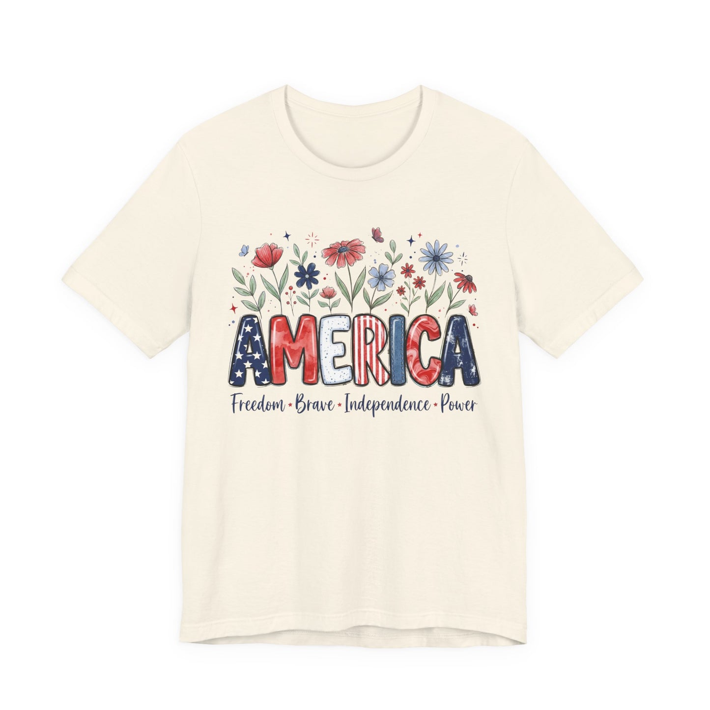 Patriotic Floral America Tee | Freedom Brave Independence Power Shirt | 4th of July Graphic Tee