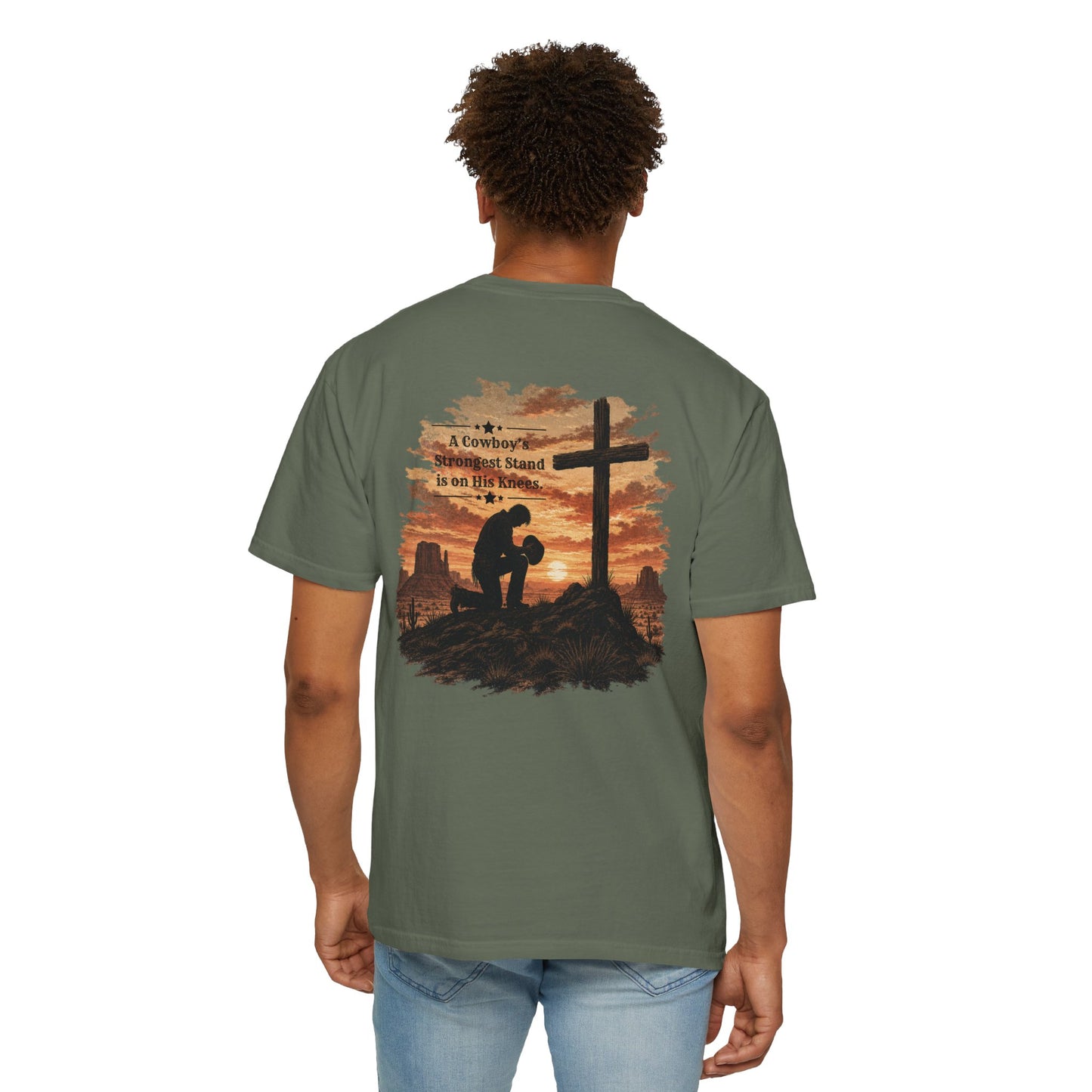 Cowboy Faith Shirt | Christian Western Graphic Tee | A Cowboy's Strongest Stand Shirt | Comfort Colors 1717 Tee