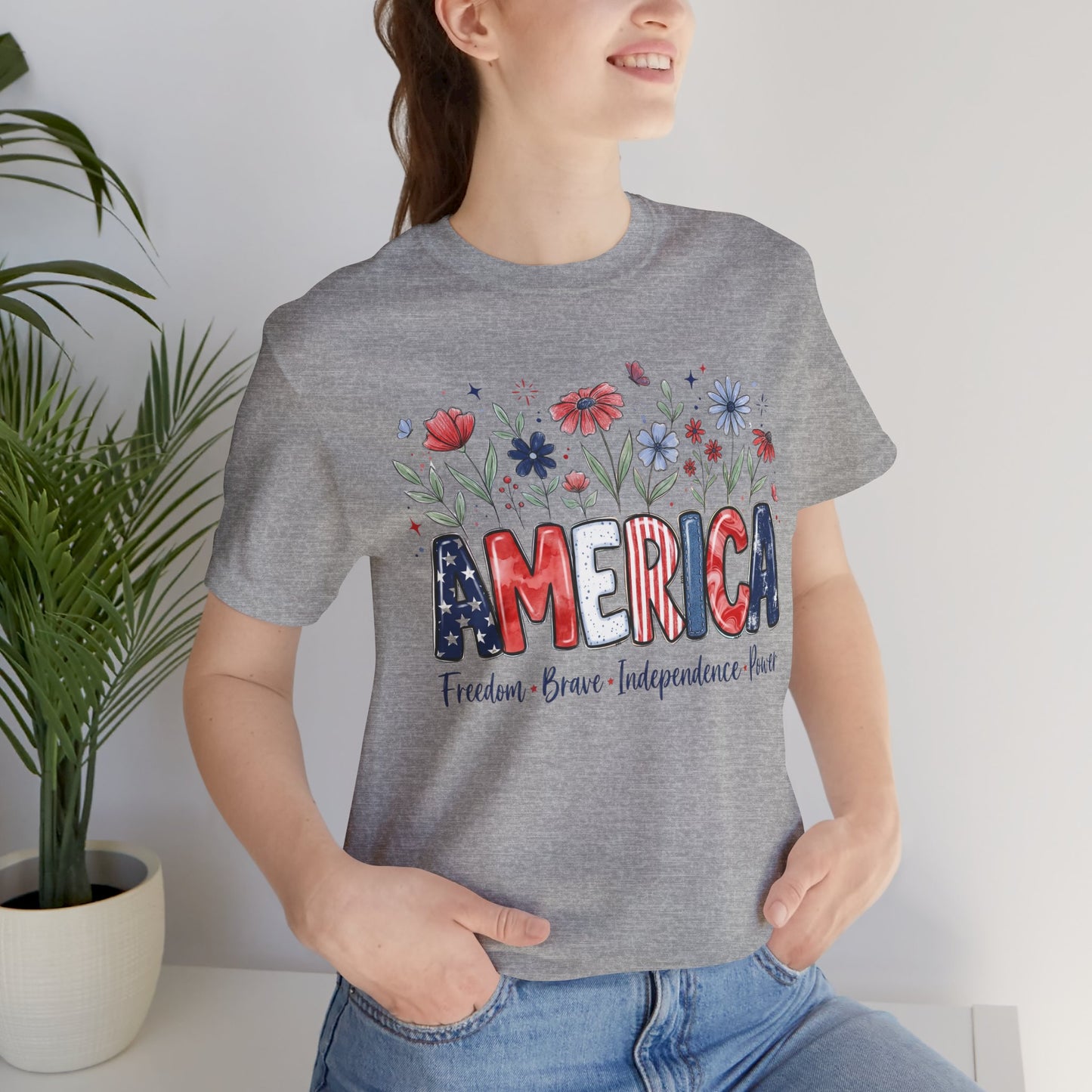 Patriotic Floral America Tee | Freedom Brave Independence Power Shirt | 4th of July Graphic Tee
