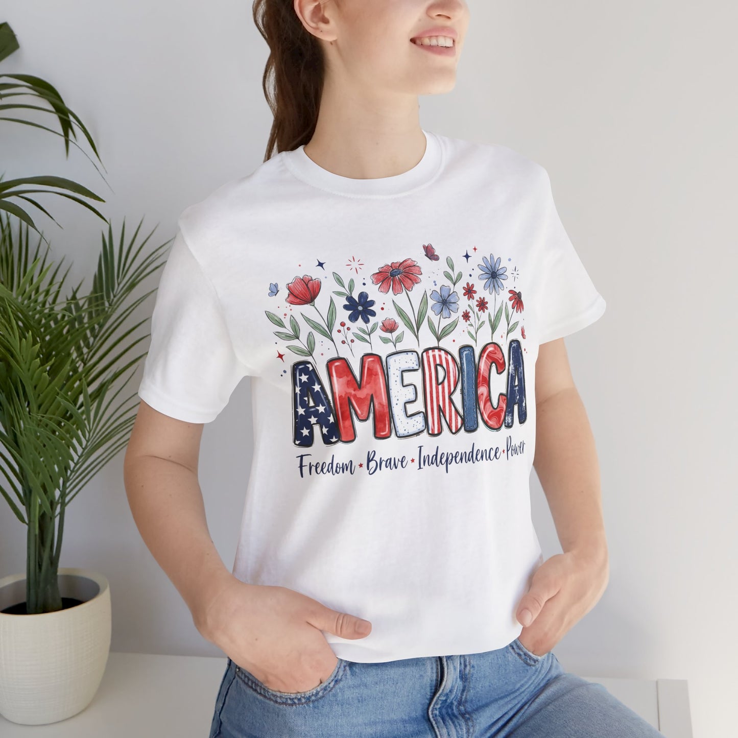 Patriotic Floral America Tee | Freedom Brave Independence Power Shirt | 4th of July Graphic Tee