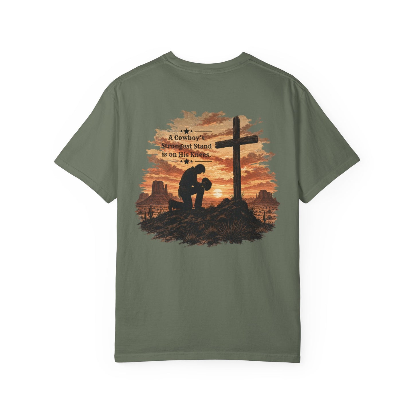 Cowboy Faith Shirt | Christian Western Graphic Tee | A Cowboy's Strongest Stand Shirt | Comfort Colors 1717 Tee